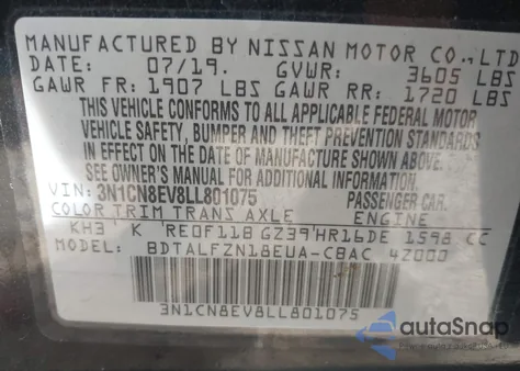2020 Nissan Versa Sv Xtronic Cvt z USA, uszkodzony, nr VIN 3N1CN8EV8LL801075
